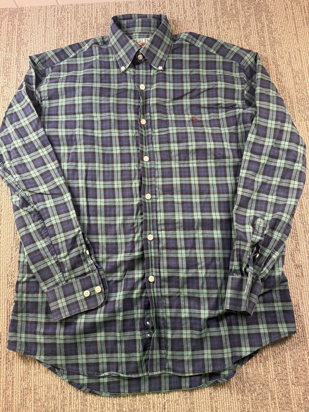 Perlis Shirt Mens Medium Blue Green Plaid Long Sleeve Button Down Crawfish